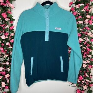 Columbia Blue Green Fleece Pullover Sweater Women’s Medium Colorblock Comfort